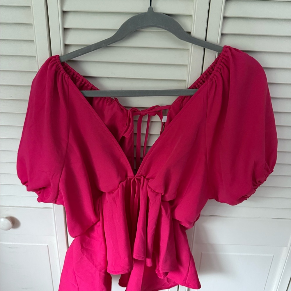 Mido Pink Puff Sleeve Ruffled Blouse